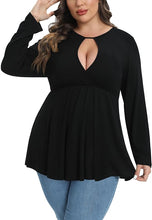 Load image into Gallery viewer, Plus Size Navy Blue Long Sleeve Keyhole Flare Top