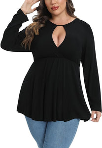 Plus Size Navy Blue Long Sleeve Keyhole Flare Top