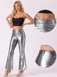 Silver Ruched Drawstring Flare Pants