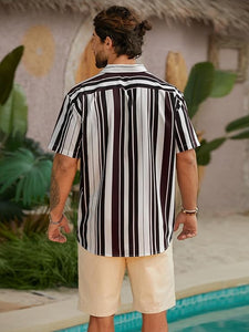 Men's Vacation Striped Summer Short Sleeve Wine Red Striped Shirt
