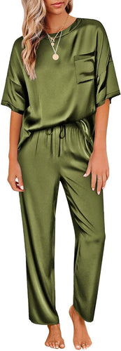 Silk Satin Green Comfy Short Sleeve Pajamas Top & Pants Set