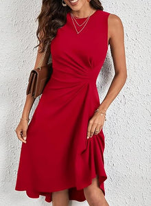 Red Sleeveless Ruched Flowy Midi Cocktail Party Dress