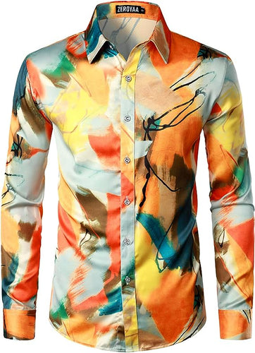 Men's Luxury Satin Yellow Art Deco Long Sleeve Dress Shirt