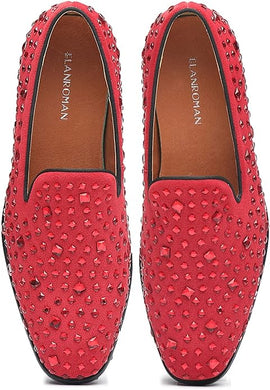 Men's Red Leather Studded Embellished Loafer Dress Shoes