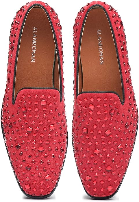 Men's Red Leather Studded Embellished Loafer Dress Shoes