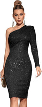 Load image into Gallery viewer, Exclusive Gold One Sleeve Draped Sequin Midi Dress