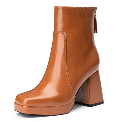 Brown Faux Leather Platform Ankle Boot