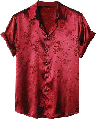 Men's Satin Red Floral Short Sleeve Button Down Shirt
