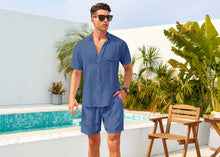 Load image into Gallery viewer, Casual Men&#39;s Blue Vacation Style Shirt &amp; Shorts Set