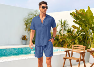 Casual Men's Blue Vacation Style Shirt & Shorts Set