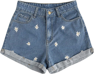 High Waist Dark Blue Sunflower Denim Shorts