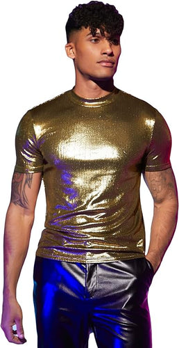 Men's Gold Sparkling Short Sleeve Metallic Shirt