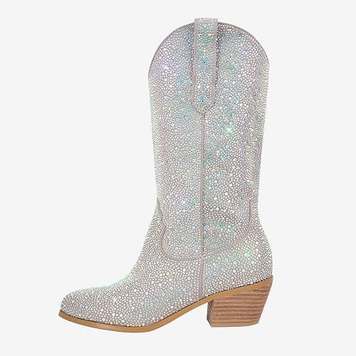 Rhinestone Knee High Sequin Mid-silver Cowboy Boots