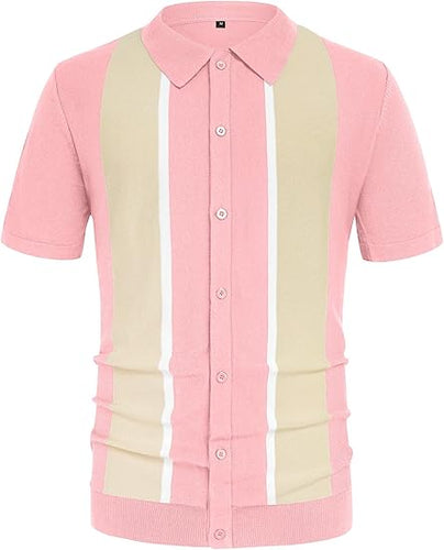 Men's Striped Knitted Short Sleeve Pink Shirt