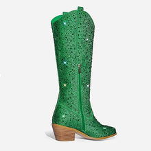 Load image into Gallery viewer, Rhinestone Knee High Sequin Green Cowboy Boots