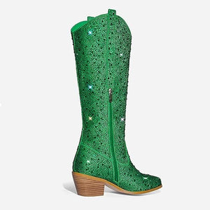 Rhinestone Knee High Sequin Mid-silver Cowboy Boots