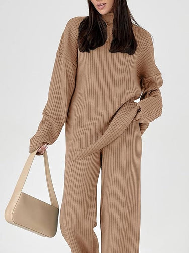 Buttery Soft Turtleneck Brown Knit Long Sleeve Pullover Long Sleeve Top & Pants Set