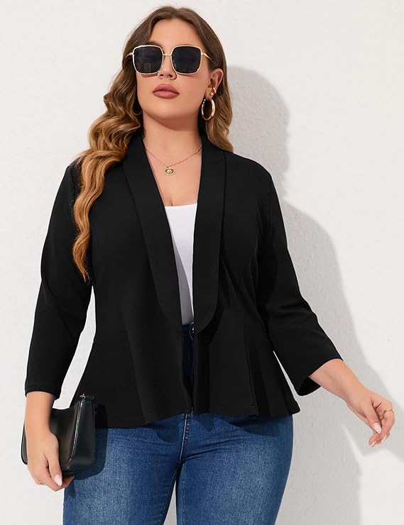 Plus Size Black Ruched Sleeve Long Sleeve Blazer Jacket
