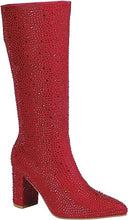 Load image into Gallery viewer, Pointed Rhinestone Sequin Red Knee High Boots
