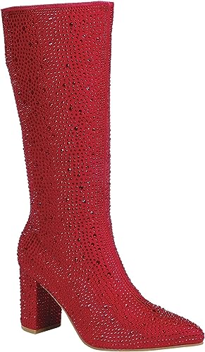 Pointed Rhinestone Sequin Red Knee High Boots