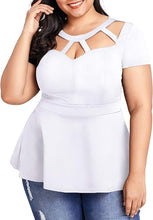 Load image into Gallery viewer, Plus Size Black Cut Out Peplum Short Sleeve Top