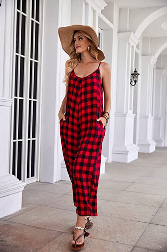 Travel Style Red Plaid Sleeveless Loose Fit Jumpsuit