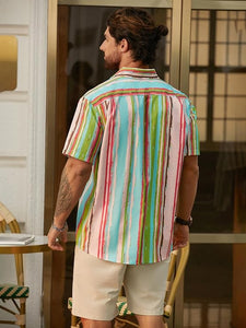 Men's Vacation Striped Summer Short Sleeve Green Striped Shirt