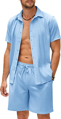 Men's Light Blue Linen Casual Short Sleeve Shorts Set