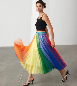 Prestigious Tulle Rainbow Pleated Flowy Maxi Skirt