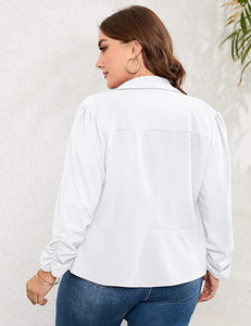 Plus Size White Ruched Sleeve Long Sleeve Blazer Jacket