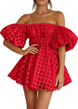Load image into Gallery viewer, Babydoll Off Shoulder Puff Sleeve Red Ruffled Mini Dress