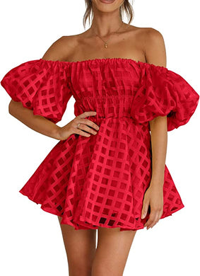 Babydoll Off Shoulder Puff Sleeve Red Ruffled Mini Dress