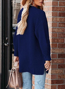 Navy Blue Cable Knit Long Sleeve Cardigan Sweater