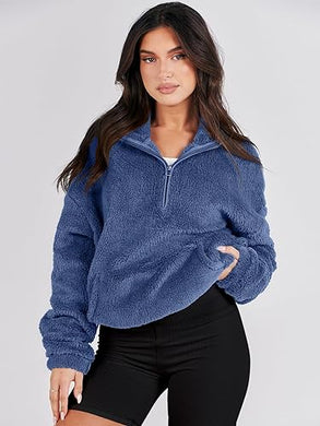 Fuzzy Knit Blue Oversized Fleece Half Zipper Long Sleeve Pullover