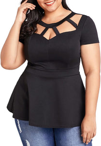 Plus Size Black Cut Out Peplum Short Sleeve Top