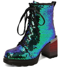 Load image into Gallery viewer, Lace Up Glitter Sequin 9cm-green Combat Boots