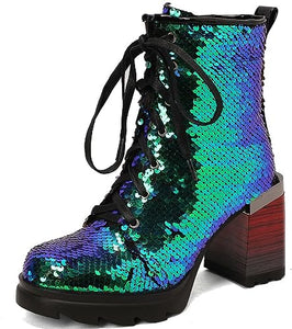 Lace Up Glitter Sequin 9cm-green Combat Boots