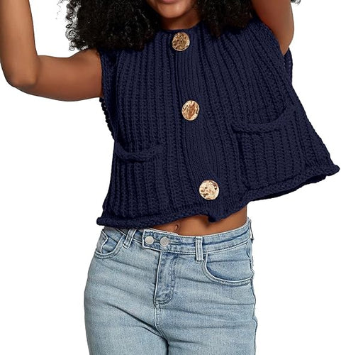 Navy Sleeveless Crochet Cardigan Vest Button Down