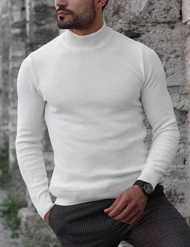 Men's White Soft Knit Mock Neck Long Sleeve Sweater