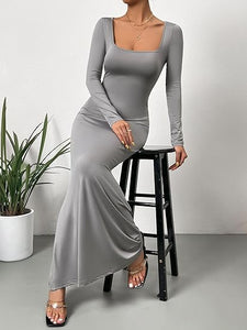 Comfort Knit Khaki Long Sleeve Fishtail Maxi Dress