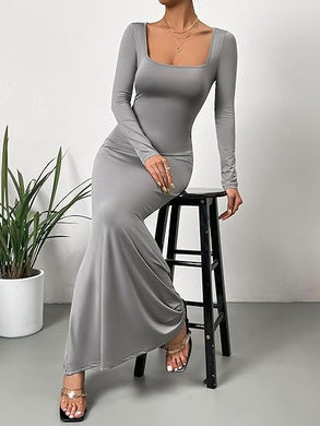 Comfort Knit Gray Long Sleeve Fishtail Maxi Dress