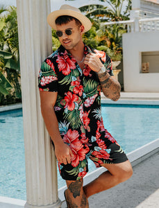 Casual Men's Blue Vacation Style Shirt & Shorts Set