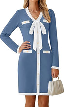 Load image into Gallery viewer, Blue English Bow Tied Long Sleeve Dress