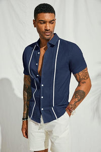Men's Cuban Style Striped Short Sleeve Royal Blue Shirt