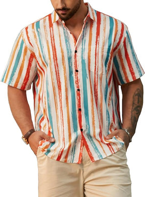 Men's Vacation Striped Summer Short Sleeve Orange Striped Shirt