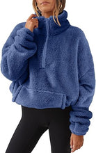 Load image into Gallery viewer, Fuzzy Knit Blue Oversized Fleece Half Zipper Long Sleeve Pullover