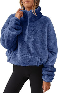 Fuzzy Knit Blue Oversized Fleece Half Zipper Long Sleeve Pullover