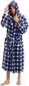 Men's Soft Knit Hooded Blue Checkered Robe