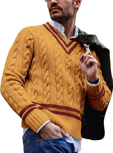 Men's Fashion V Neck White Striped Long Sleeve Sweater