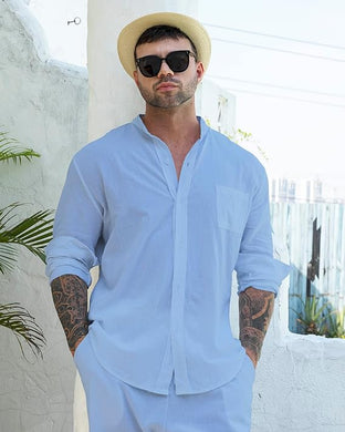 Men's Caribbean Light Blue Linen Cotton Shirt & Pants Set